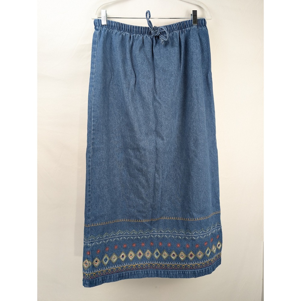 Vintage Y2K Embroidered Denim Maxi Skirt Size L Blue Jean Elastic Waist Western